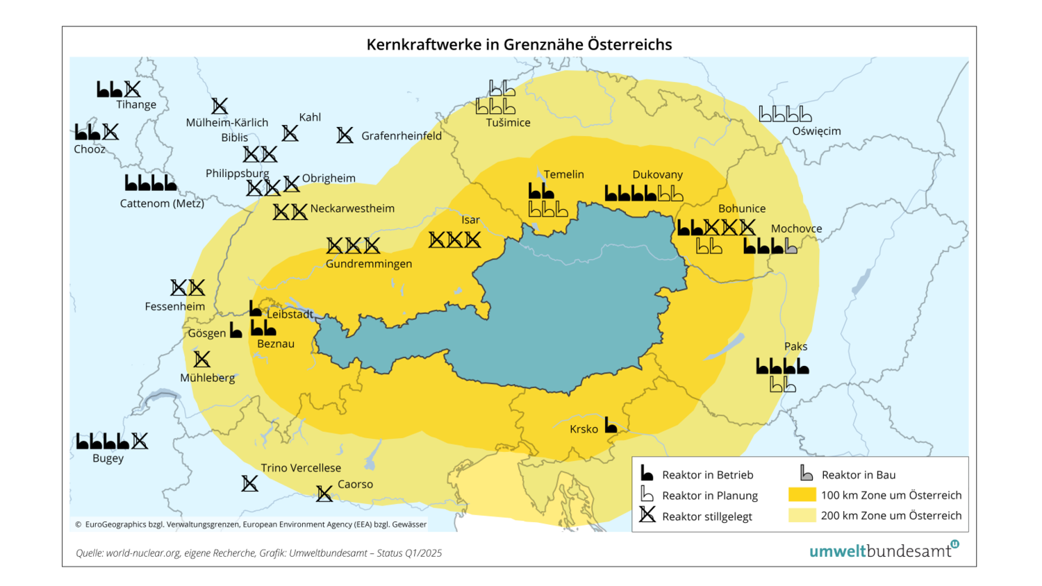 Karte mit Kernkraftwerken in Grenznähe zu Österreich